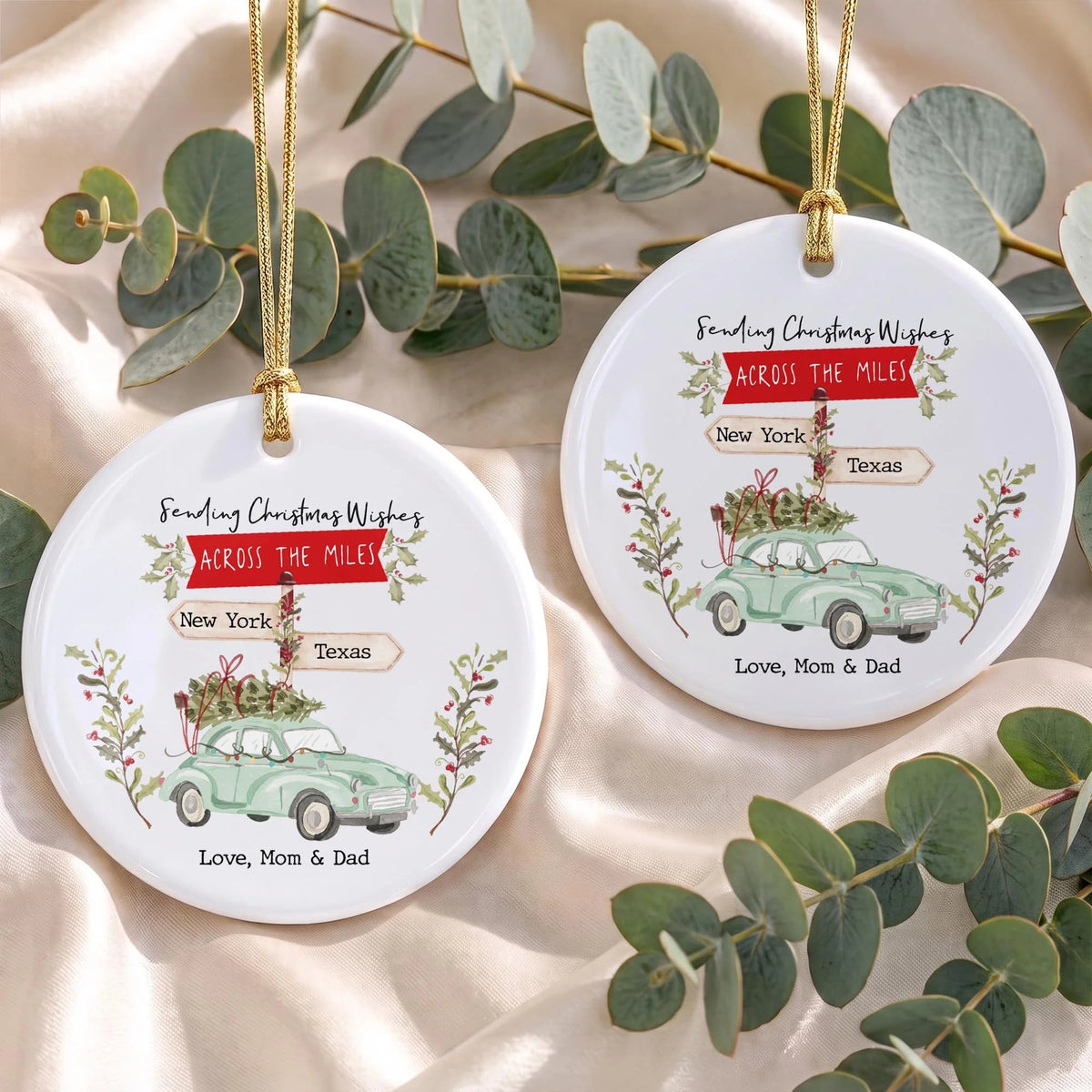 Personalized Christmas Wishes Across The Miles Ceramic Ornament