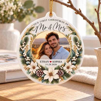 Our First Christmas as Mr & Mrs Personalized Ceramic Photo Ornament - Newlywed Wedding Keepsake Gift for Couples