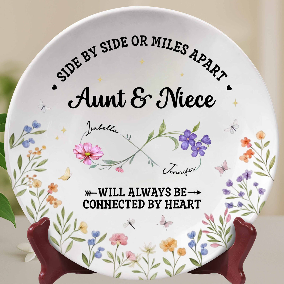 "Side By Side Or Miles Apart" Personalized Ceramic Plate - Keepsake for Aunt and Niece