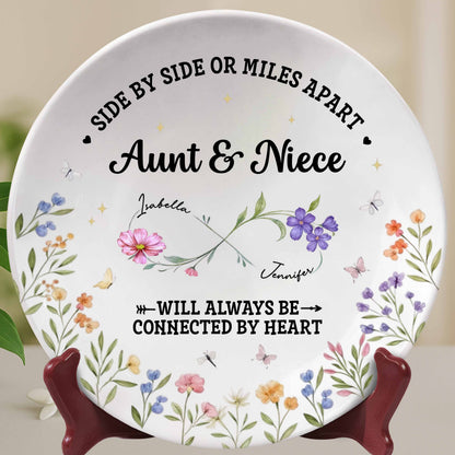 "Side By Side Or Miles Apart" Personalized Ceramic Plate - Keepsake for Aunt and Niece