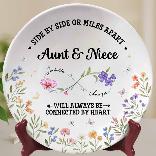 "Side By Side Or Miles Apart" Personalized Ceramic Plate - Keepsake for Aunt and Niece