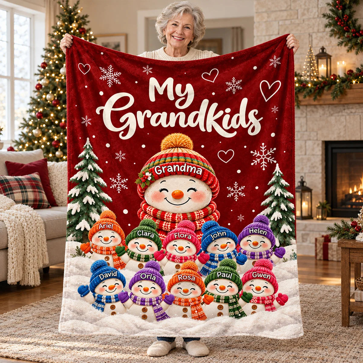 My Grandkids Personalized Snowman Blanket with Names - Custom Grandma Christmas Gift Throw