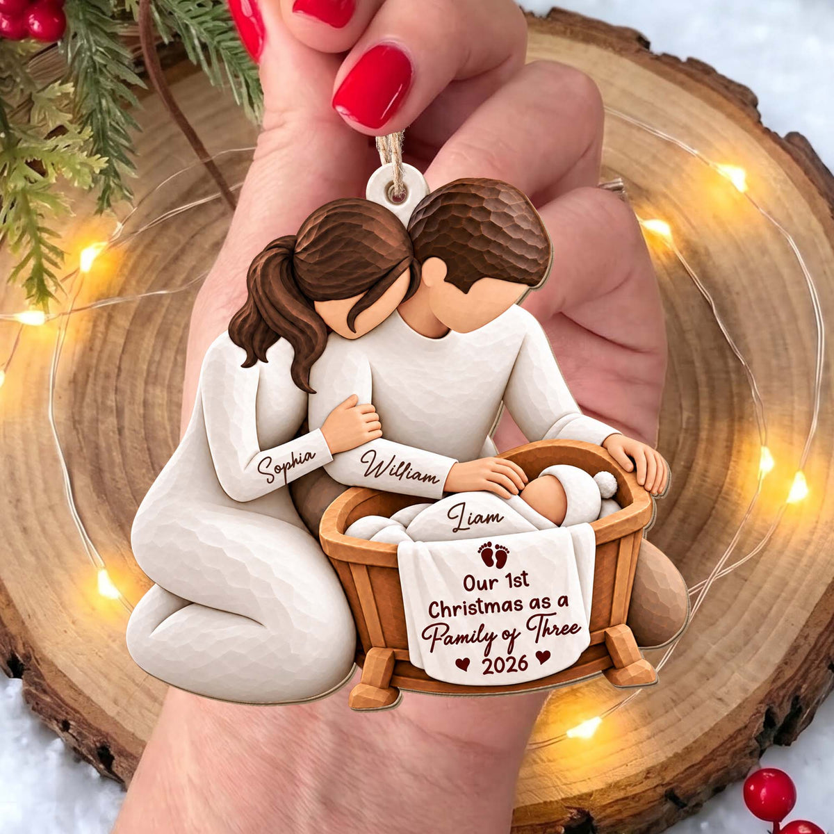 Our 1st Christmas as a Family of Three Personalized Wooden Ornament - Custom Holiday Keepsake Gift for New Parents