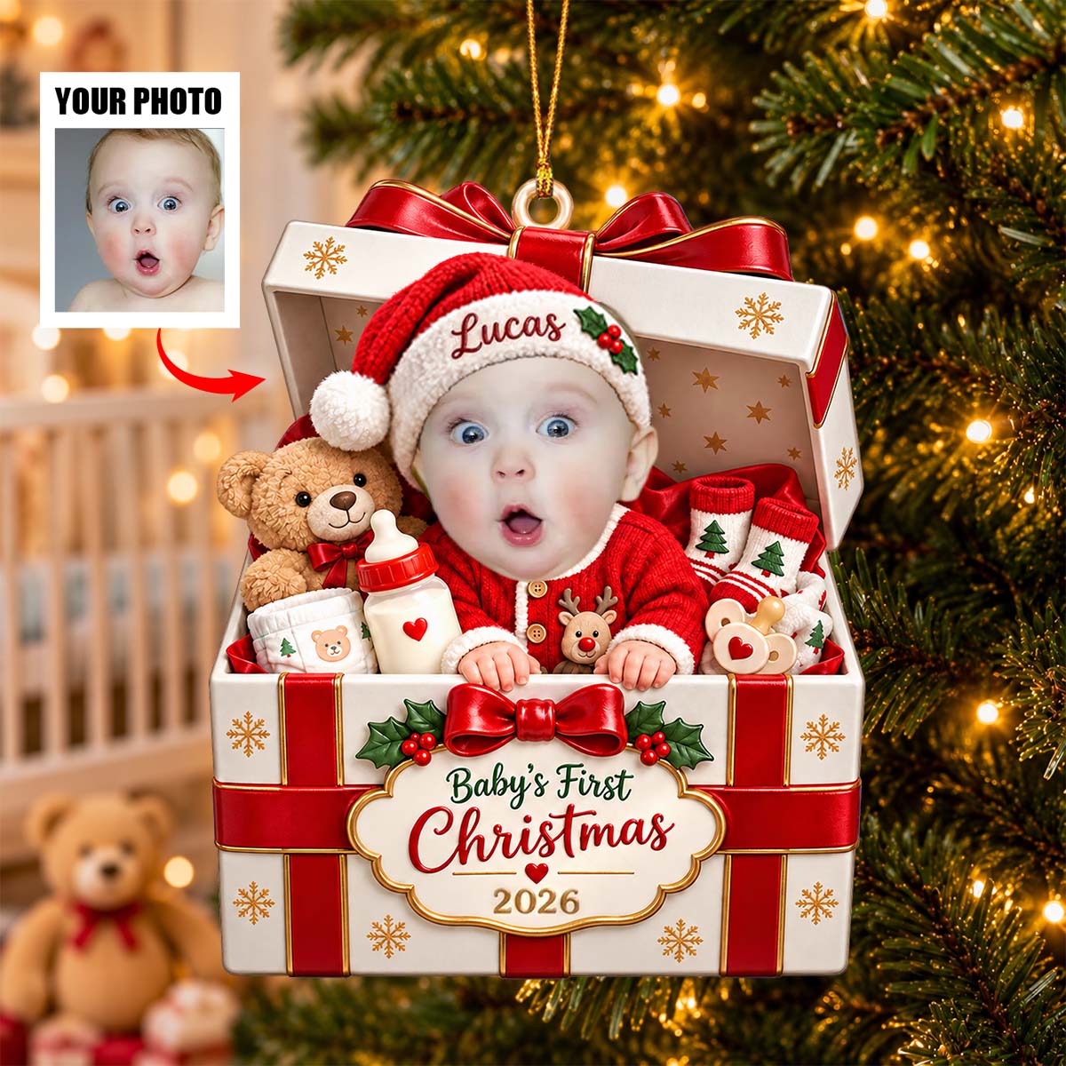 Baby's First Christmas 2026 Personalized Wooden Ornament - Custom Photo Keepsake Gift for New Parents