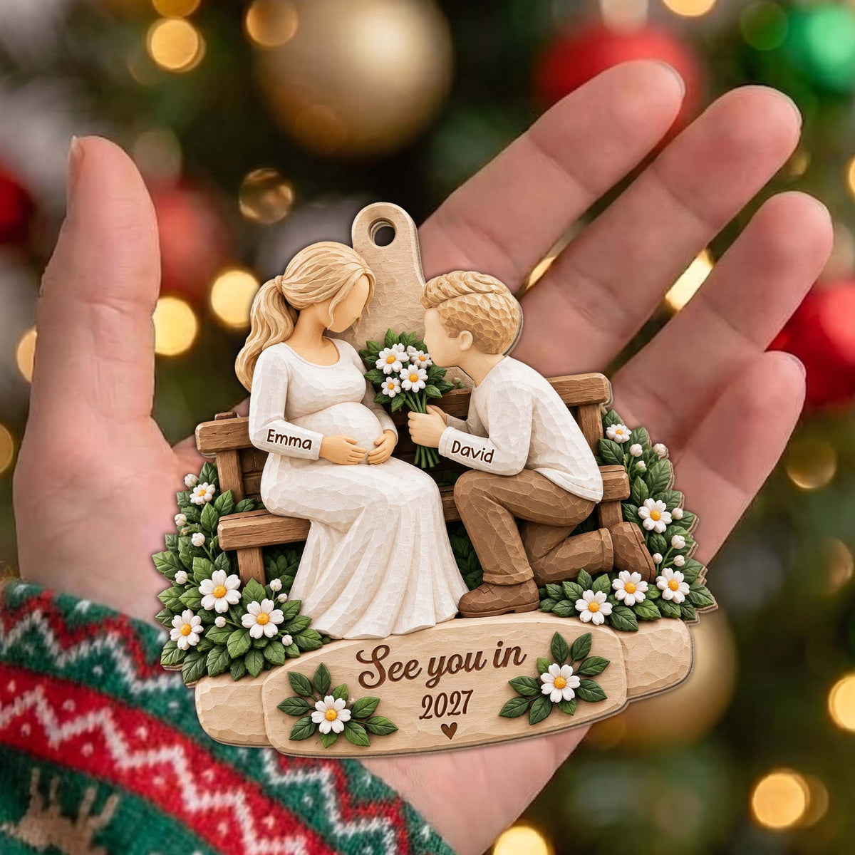 See You in 2027 Personalized Wooden Ornament for Expecting Parents - Custom Baby Bump Keepsake for Christmas