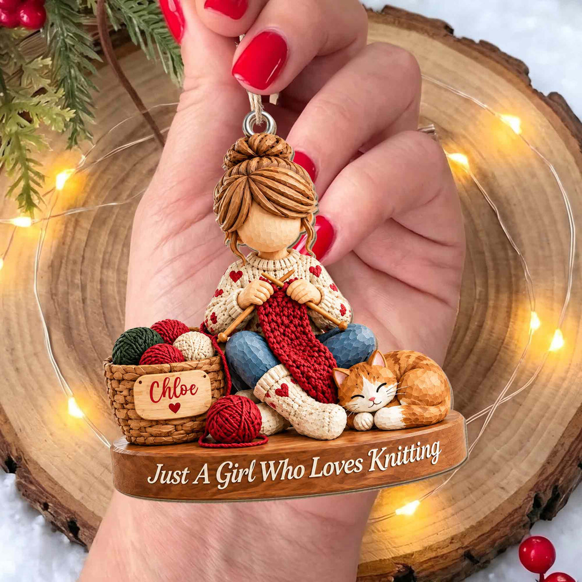 Just A Girl Who Loves Knitting Personalized Wood Ornament - Custom Craft Cat Gift for Mom
