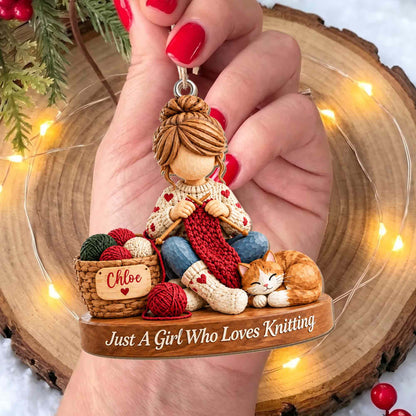 Just A Girl Who Loves Knitting Personalized Wood Ornament - Custom Craft Cat Gift for Mom