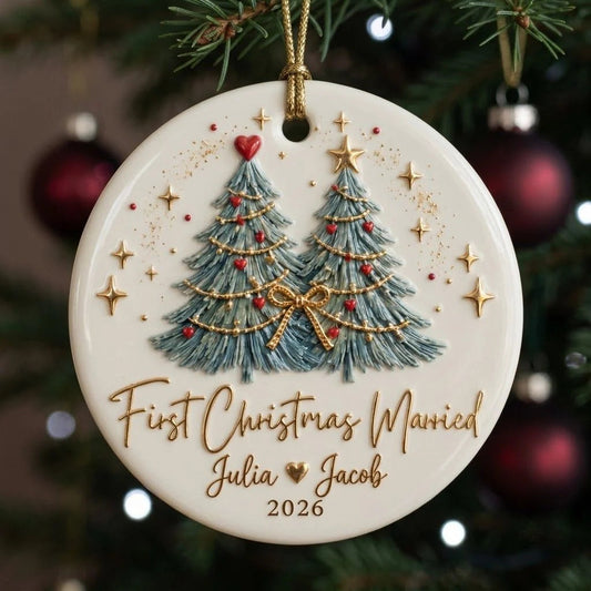Personalized First Christmas Married Wreath Ceramic Ornament