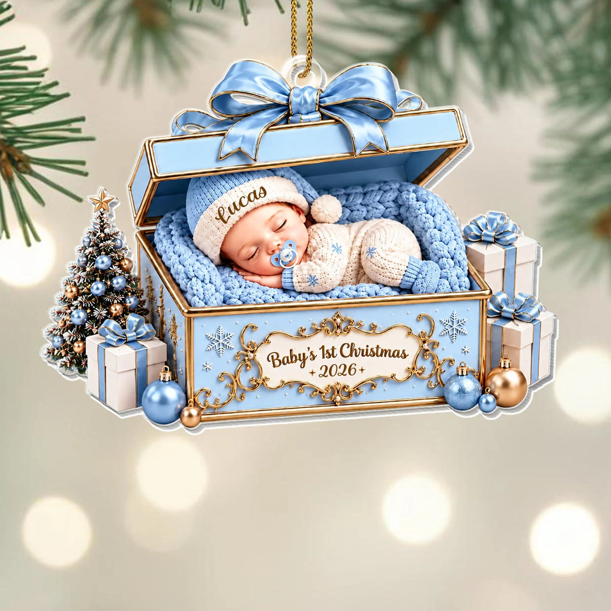 Baby's 1st Christmas Sleeping Baby in Gift Box - Personalized Acrylic Ornament for Newborn Keepsake