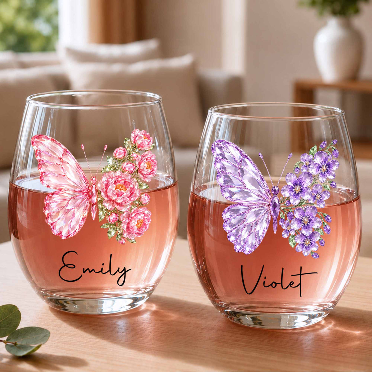 Personalized Birth Month Butterfly Custom Stemless Wine Glass
