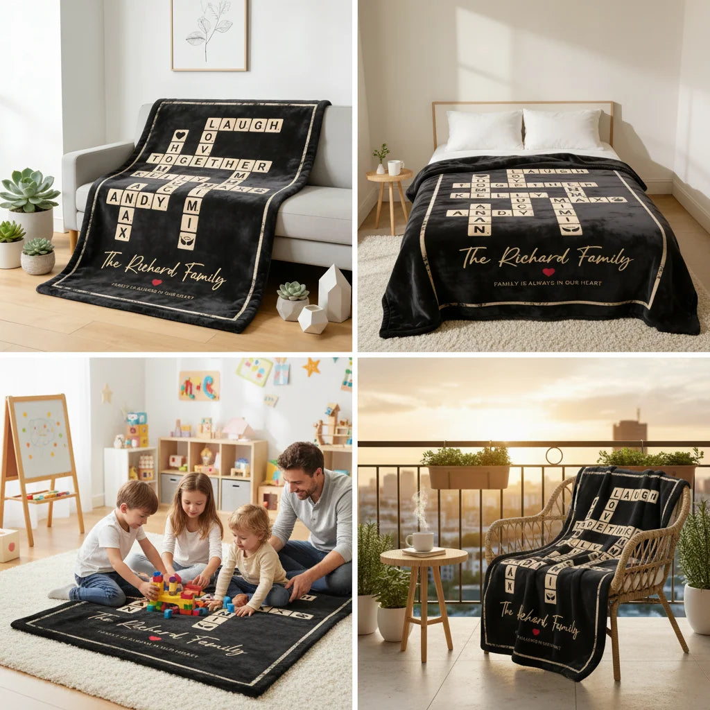 Personalized Crossword Scrabble Tile Family Names Fleece Blanket