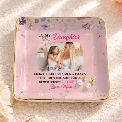 Growth Is Beautiful To My Daughter Personalized Ceramic Jewelry Dish - Custom Photo Trinket Ring Tray Gift from Mom