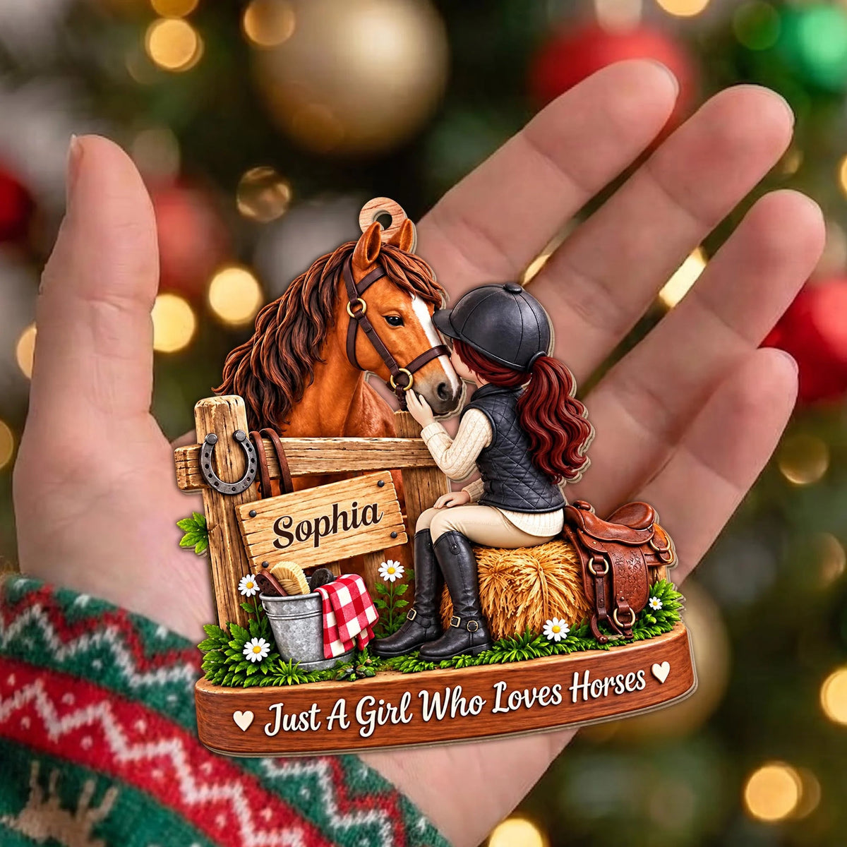 Personalized Girl Who Loves Horses Wooden Ornament
