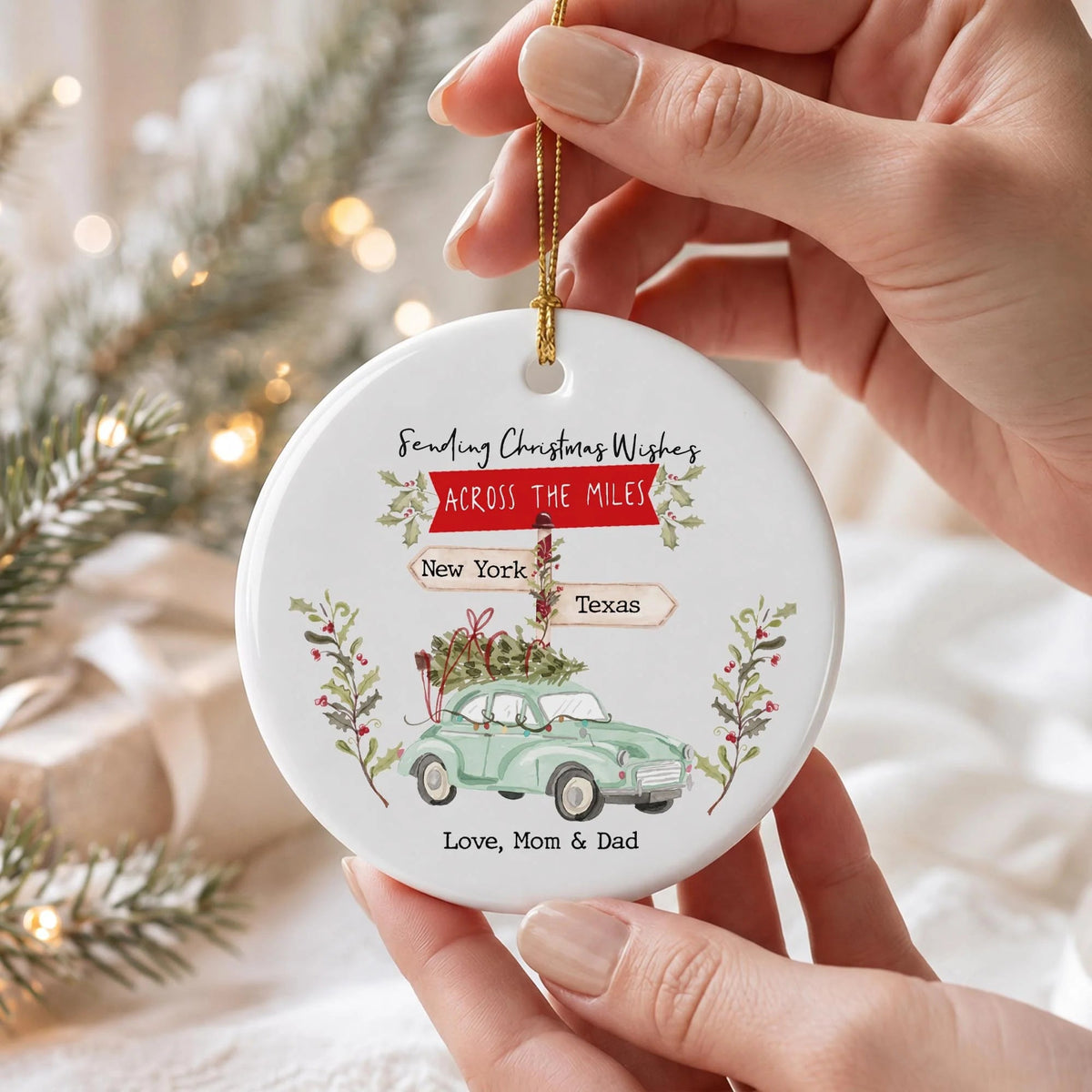 Personalized Christmas Wishes Across The Miles Ceramic Ornament