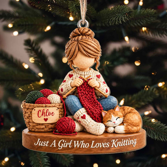 Just A Girl Who Loves Knitting Personalized Wood Ornament - Custom Craft Cat Gift for Mom