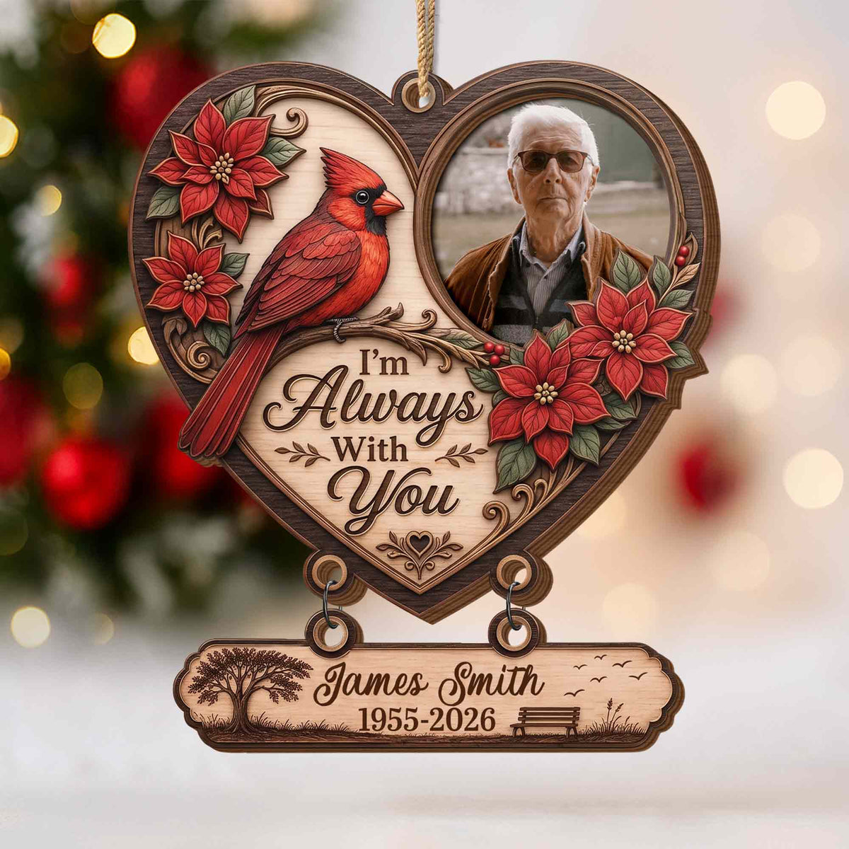 Personalized Cardinal Memorial Photo Heart Wooden Tree Ornament