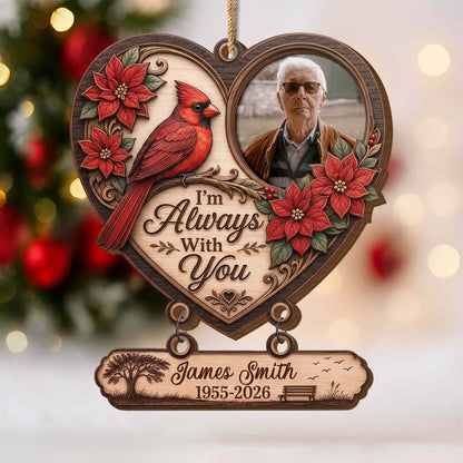 Personalized Cardinal Memorial Photo Heart Wooden Tree Ornament