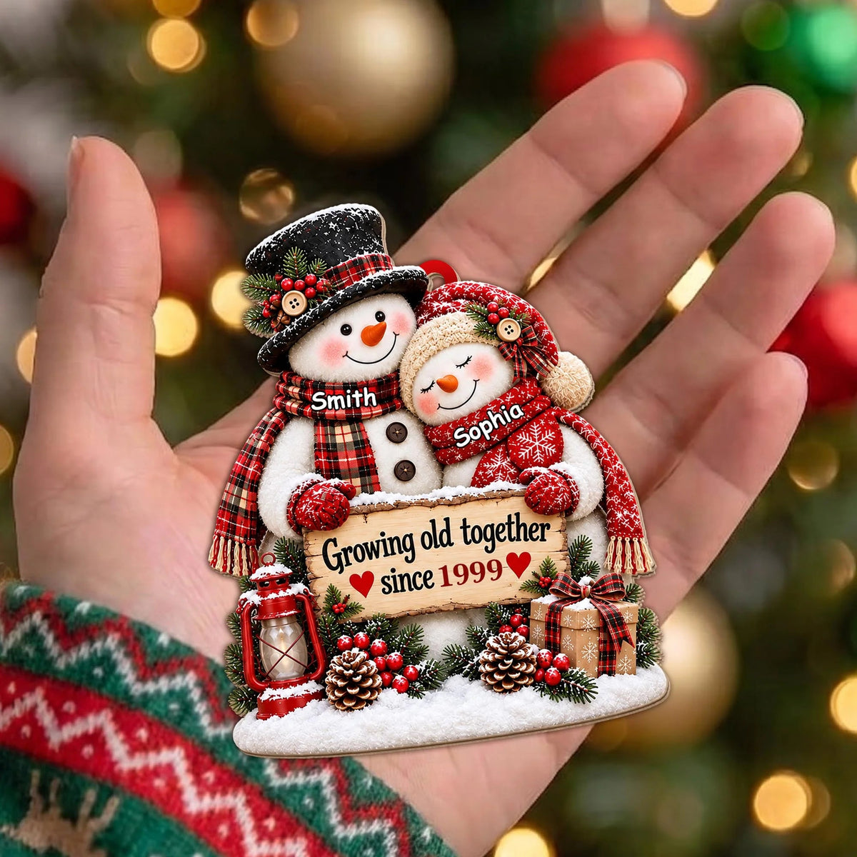 Growing Old Together Personalized Snowman Couple Wooden Ornament - Christmas Keepsake for Husband Wife