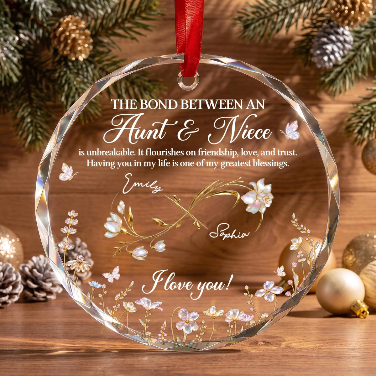 The Bond Between Aunt and Niece Personalized Circle Glass Ornament - Custom Floral Keepsake Christmas Gift