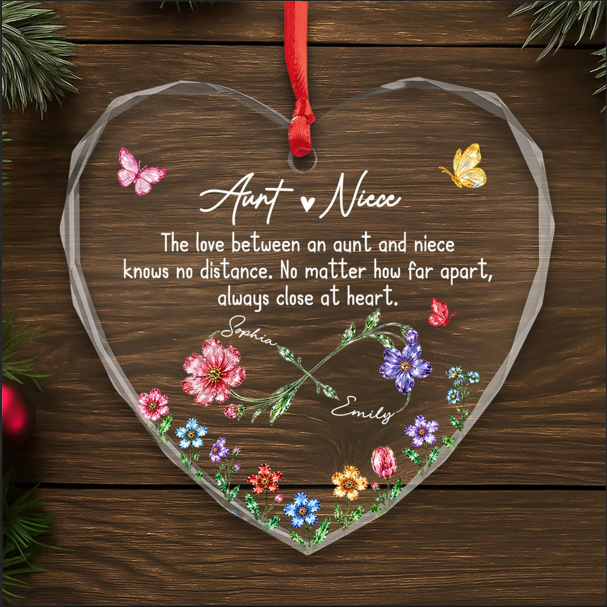 "The Love Between An Aunt And Niece Knows No Distance" Personalized Heart Glass Ornament - Long Distance Keepsake Gift