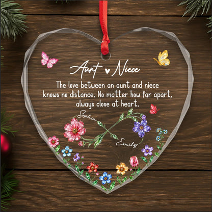 "The Love Between An Aunt And Niece Knows No Distance" Personalized Heart Glass Ornament - Long Distance Keepsake Gift