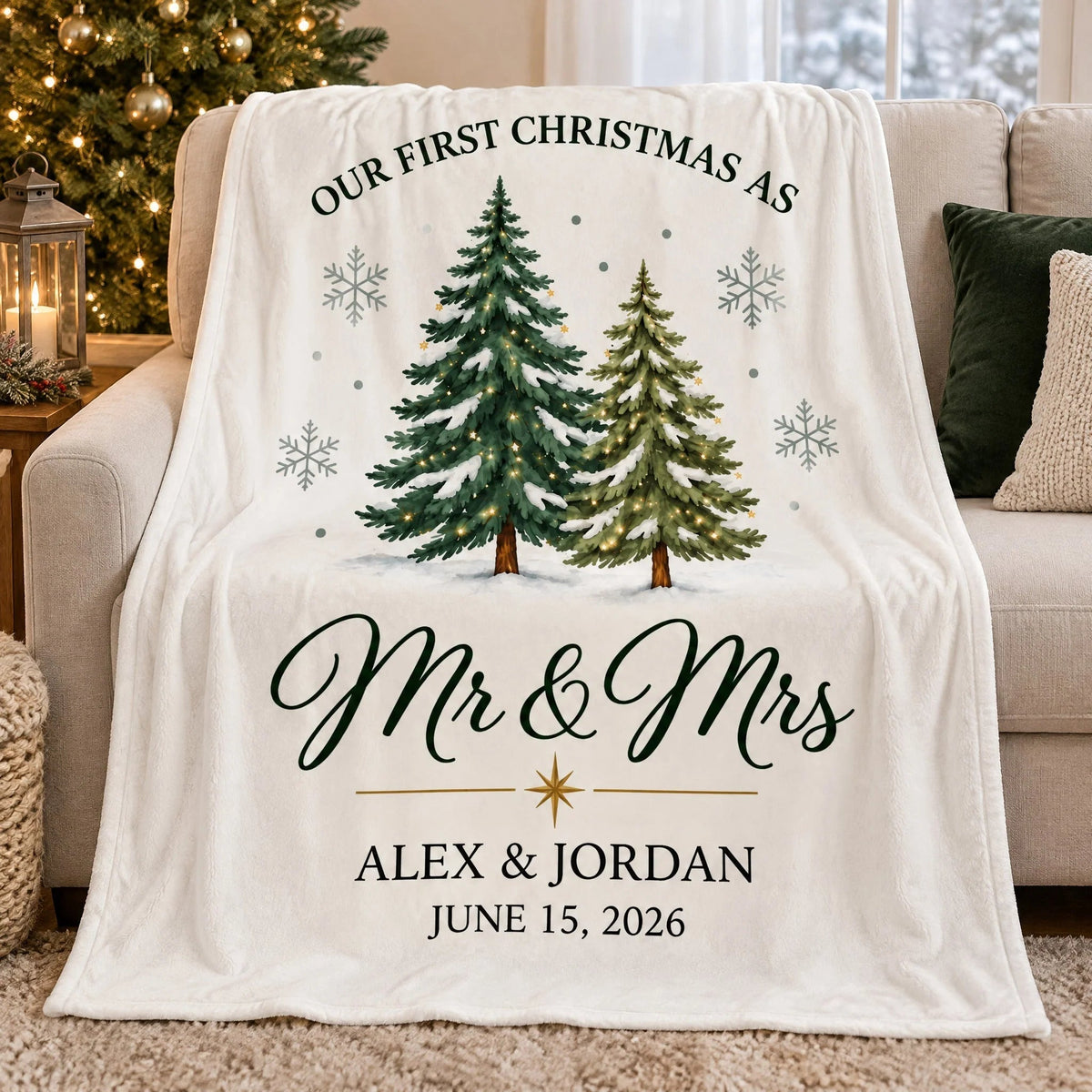 Our First Christmas As Mr & Mrs Personalized Blanket for Couples - Custom Newlywed Holiday Keepsake Throw