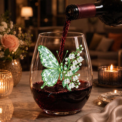 Personalized Birth Month Butterfly Custom Stemless Wine Glass