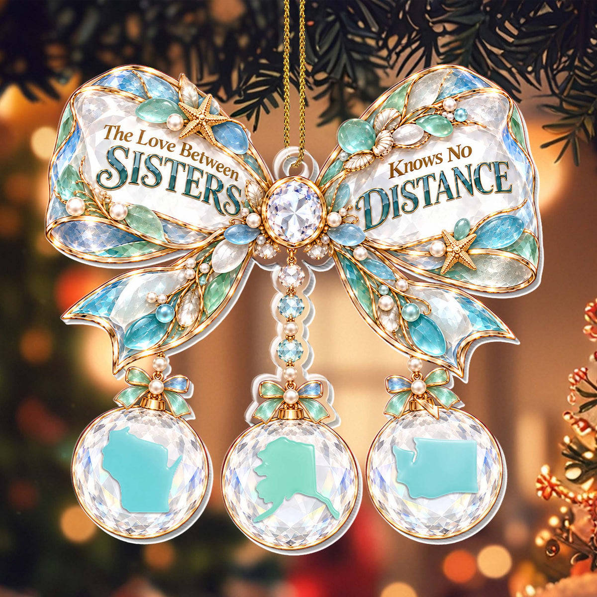 "The Love Between Sisters Knows No Distance" Personalized Acrylic Ornament - Christmas Gift for Sisters