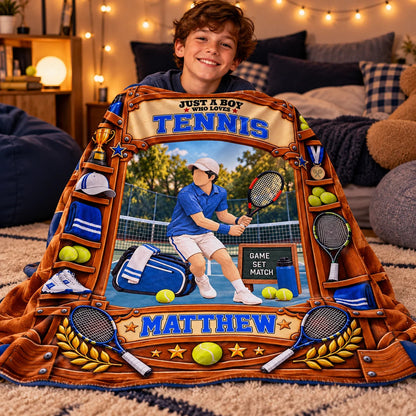 Just A Boy Who Loves Tennis Personalized Blanket - Custom Tennis Player Birthday Gift Throw for Son
