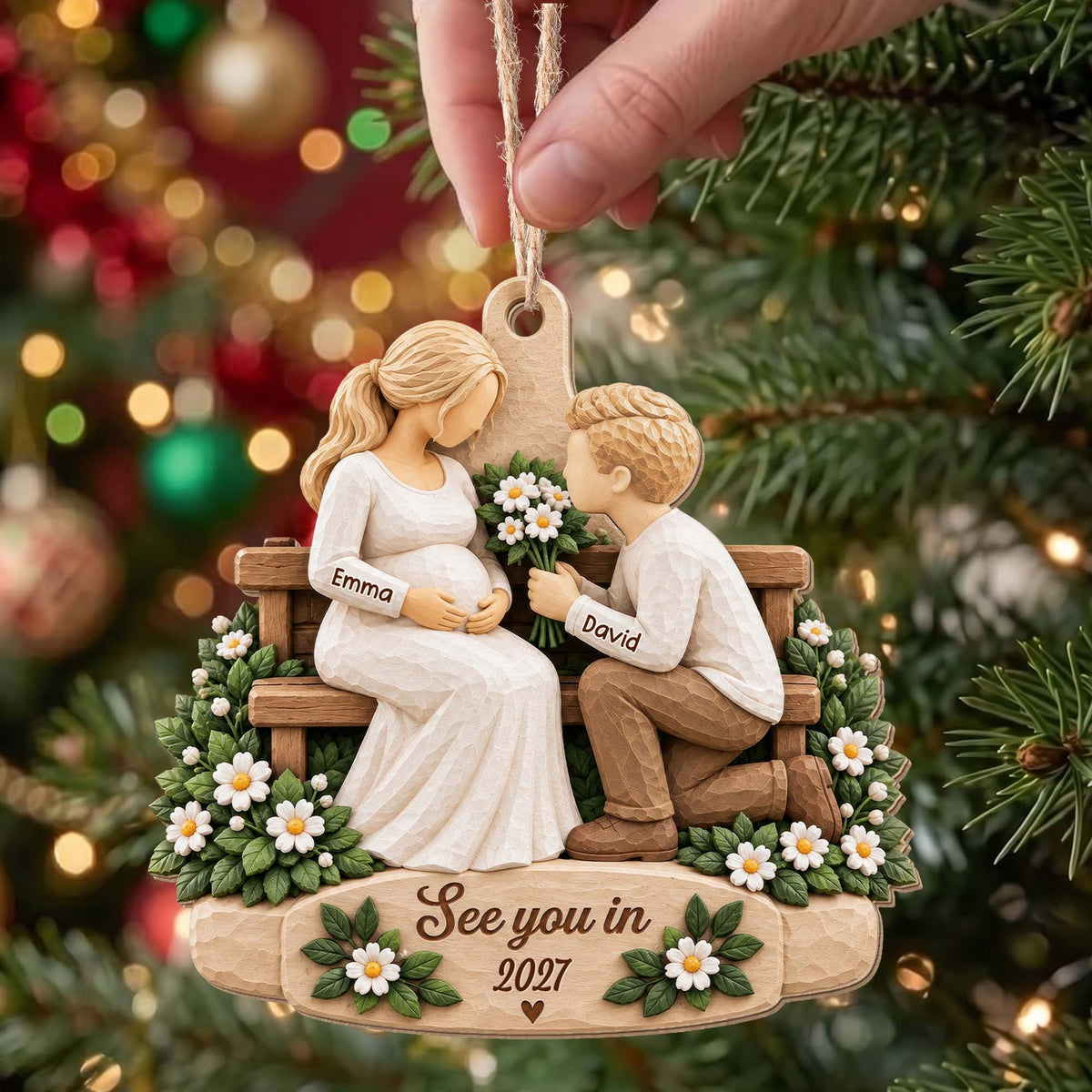 See You in 2027 Personalized Wooden Ornament for Expecting Parents - Custom Baby Bump Keepsake for Christmas
