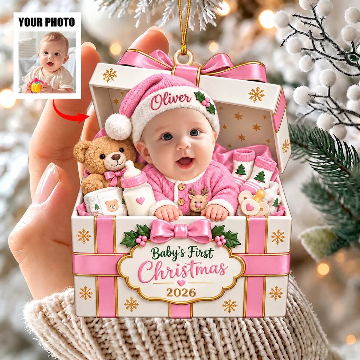 Baby's First Christmas 2026 Personalized Wooden Ornament - Custom Photo Keepsake Gift for New Parents