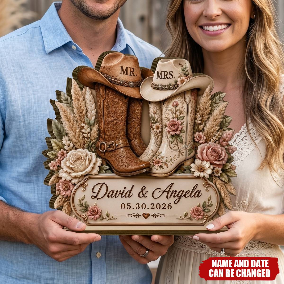 Personalized Cowboy Boots Wedding Wooden Plaque