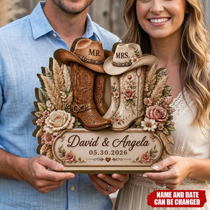 Personalized Cowboy Boots Wedding Wooden Plaque