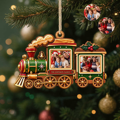 Custom Photo Christmas Train Ornament - Personalized Family Name Holiday Keepsake