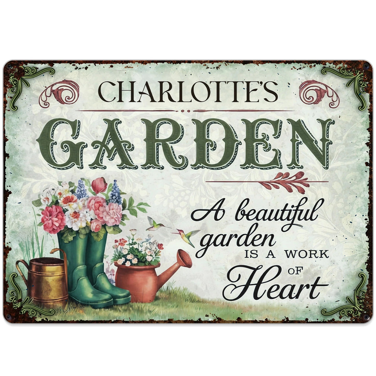 "A Beautiful Garden Is A Work Of Heart" Personalized Metal Sign - Garden Decor for Mom Grandma