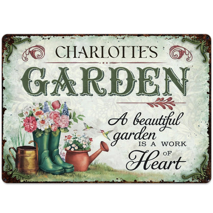 "A Beautiful Garden Is A Work Of Heart" Personalized Metal Sign - Garden Decor for Mom Grandma