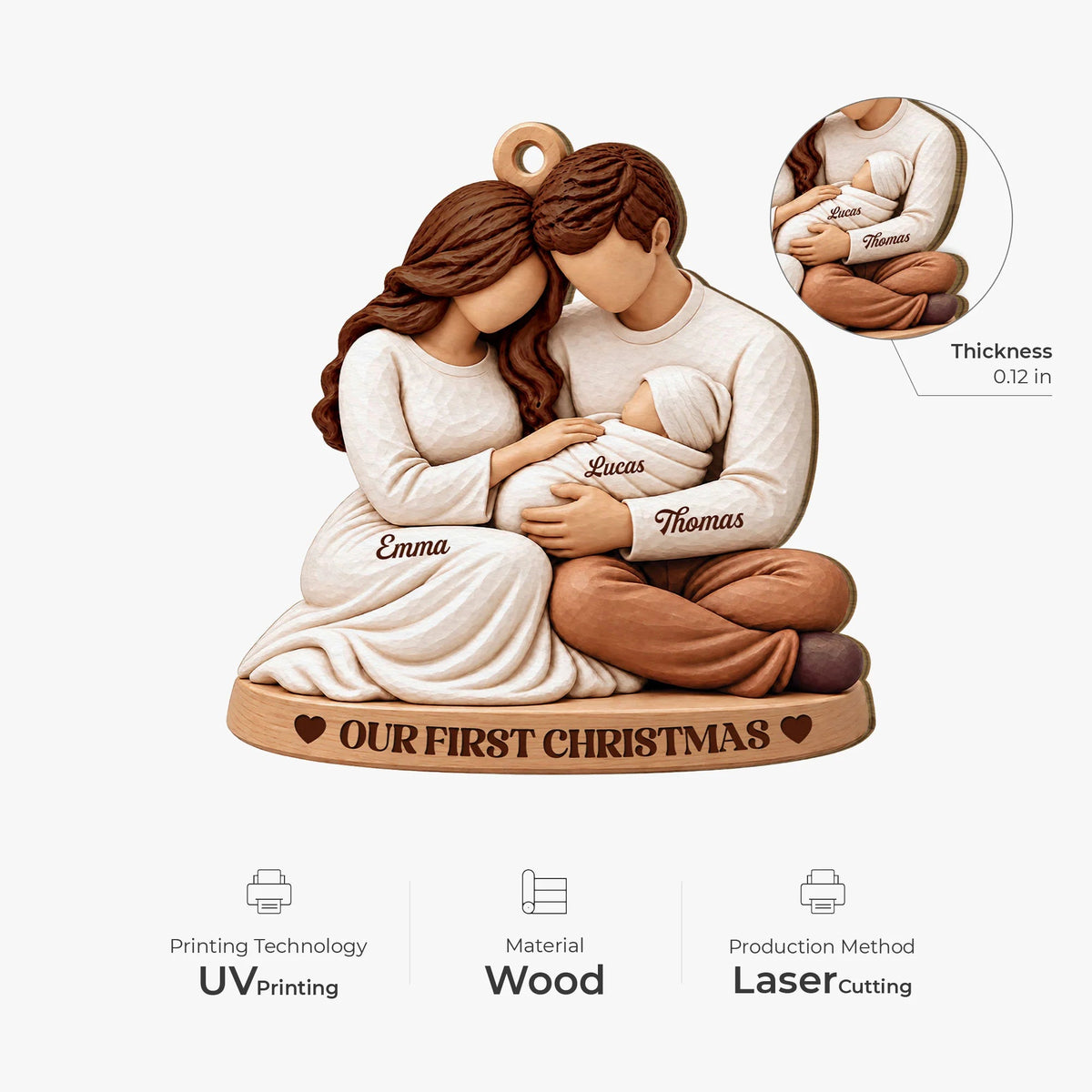 Our First Christmas Personalized Baby First Christmas Wooden Ornament - Christmas Keepsake Gift for New Parents & Family