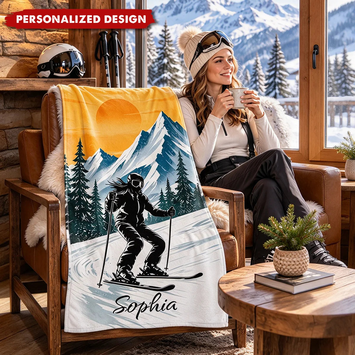 Mountain Sunset Personalized Ski Towel - Custom Name Christmas Gift for Skiers and Snowboarders