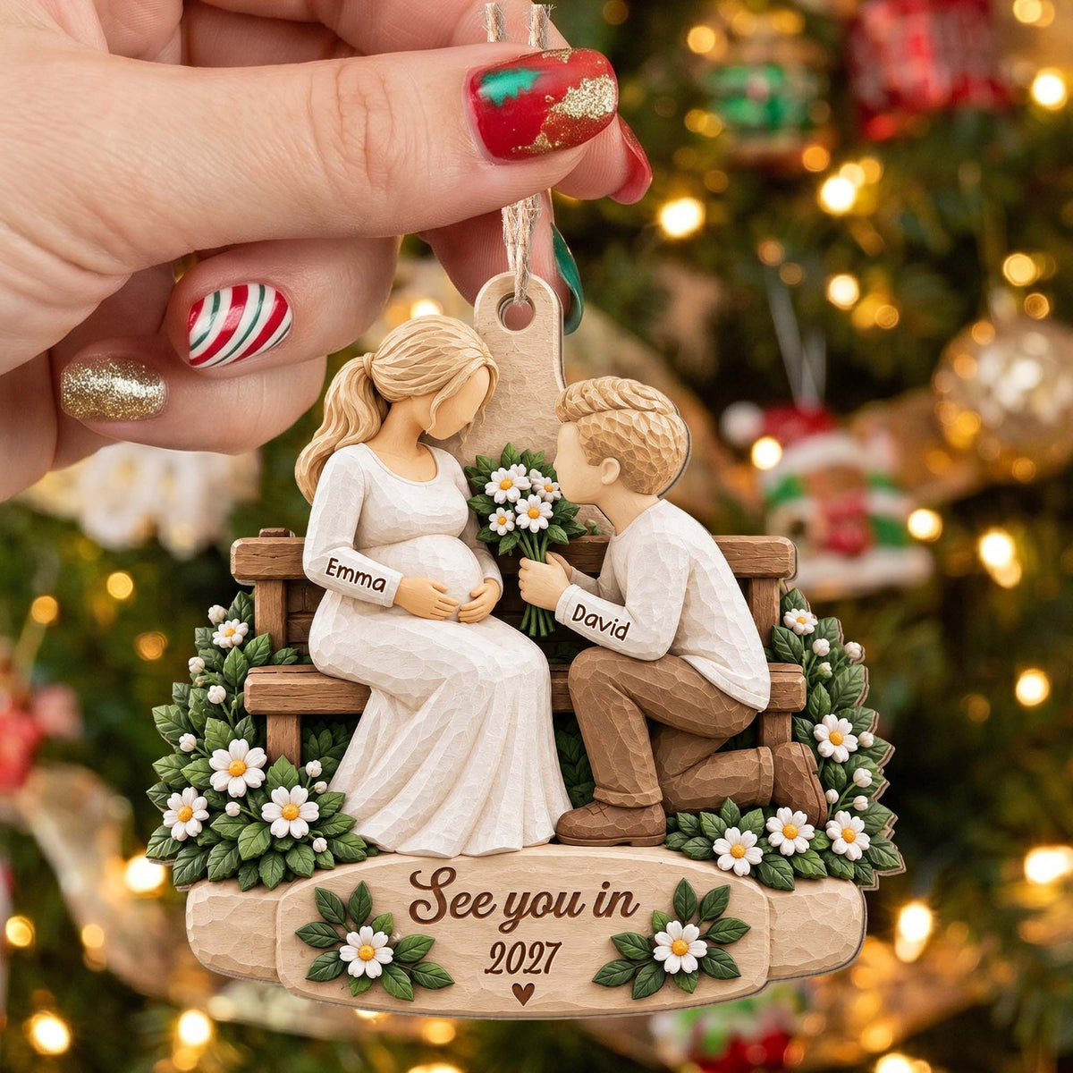 See You in 2027 Personalized Wooden Ornament for Expecting Parents - Custom Baby Bump Keepsake for Christmas