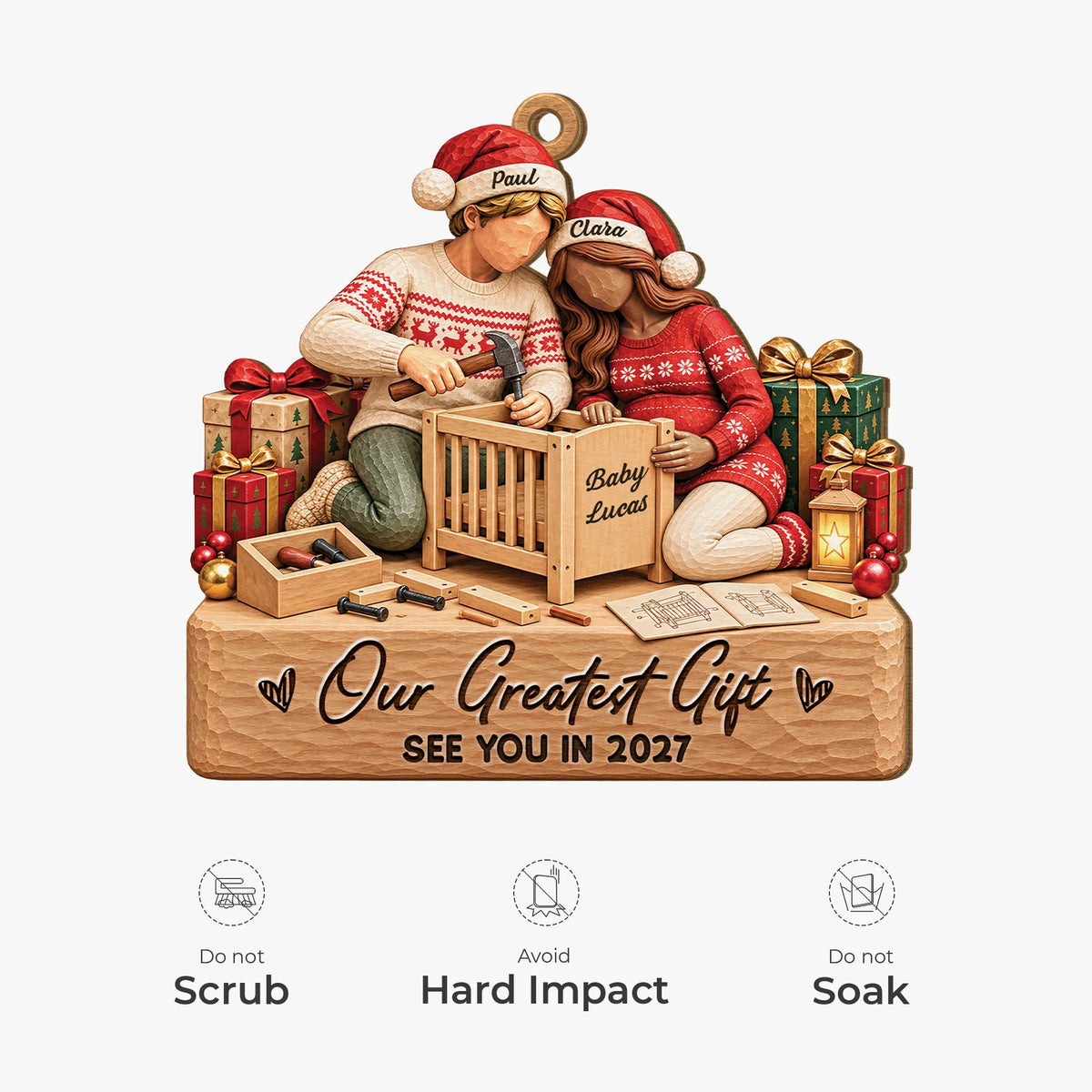 "Our Greatest Gift" Personalized Wooden Ornament for Expecting Couples - Custom Christmas Pregnancy Keepsake