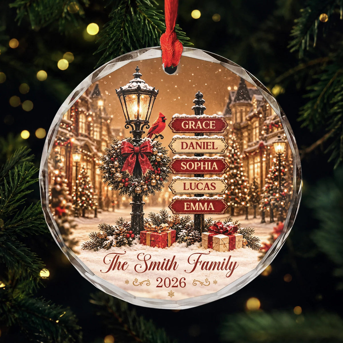 Custom Family Name Signpost Glass Ornament - Personalized Christmas Keepsake Gift