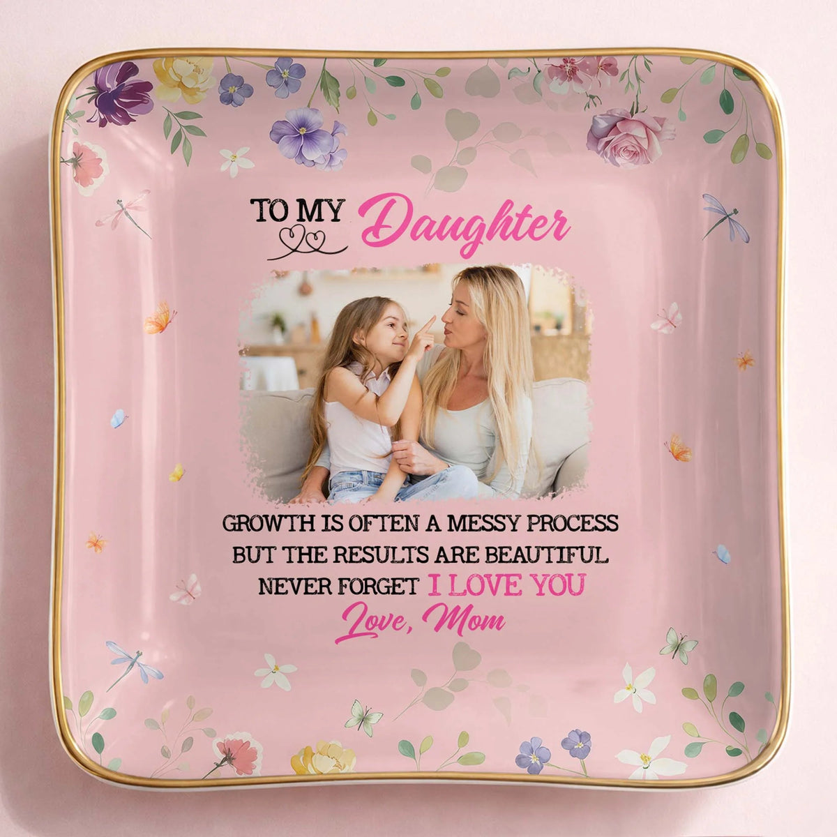 Growth Is Beautiful To My Daughter Personalized Ceramic Jewelry Dish - Custom Photo Trinket Ring Tray Gift from Mom