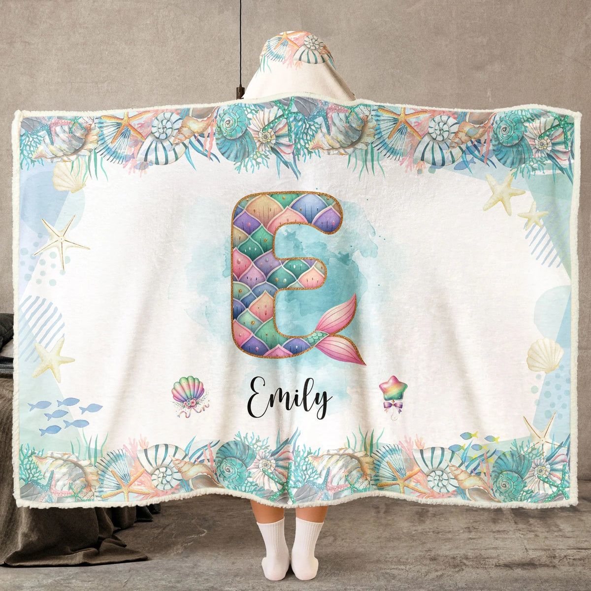 Whimsical Mermaid Alphabet Blanket - Personalized Hooded Blanket for Kids & Girls Birthday Gift