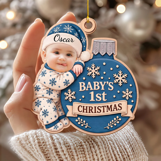 Personalized Baby 1st Christmas Photo Keepsake Wooden Tree Ornament