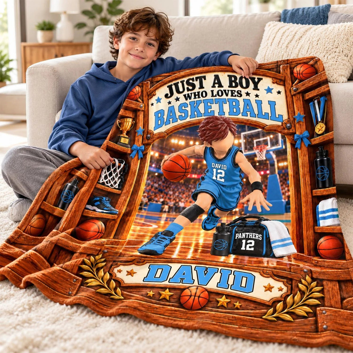 Just A Boy Who Loves Basketball Personalized Blanket - Custom Name Fleece Throw for Son & Basketball Fans