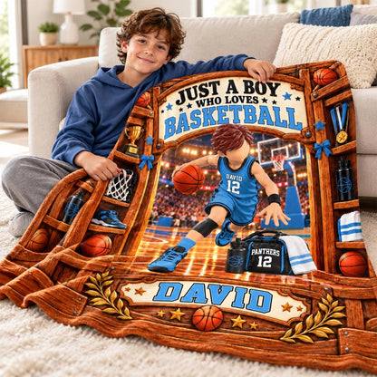 Just A Boy Who Loves Basketball Personalized Blanket - Custom Name Fleece Throw for Son & Basketball Fans