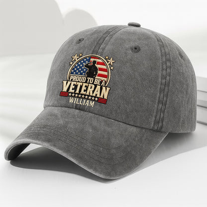 Proud To Be A Veteran Personalized Washed Denim Cap for Military Dad - Patriotic American Flag Gift
