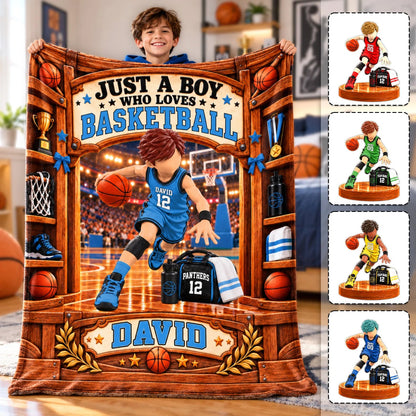 Just A Boy Who Loves Basketball Personalized Blanket - Custom Name Fleece Throw for Son & Basketball Fans