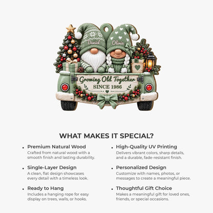 Growing Old Together Personalized Gnome Truck Wooden Ornament - Keepsake for Couples