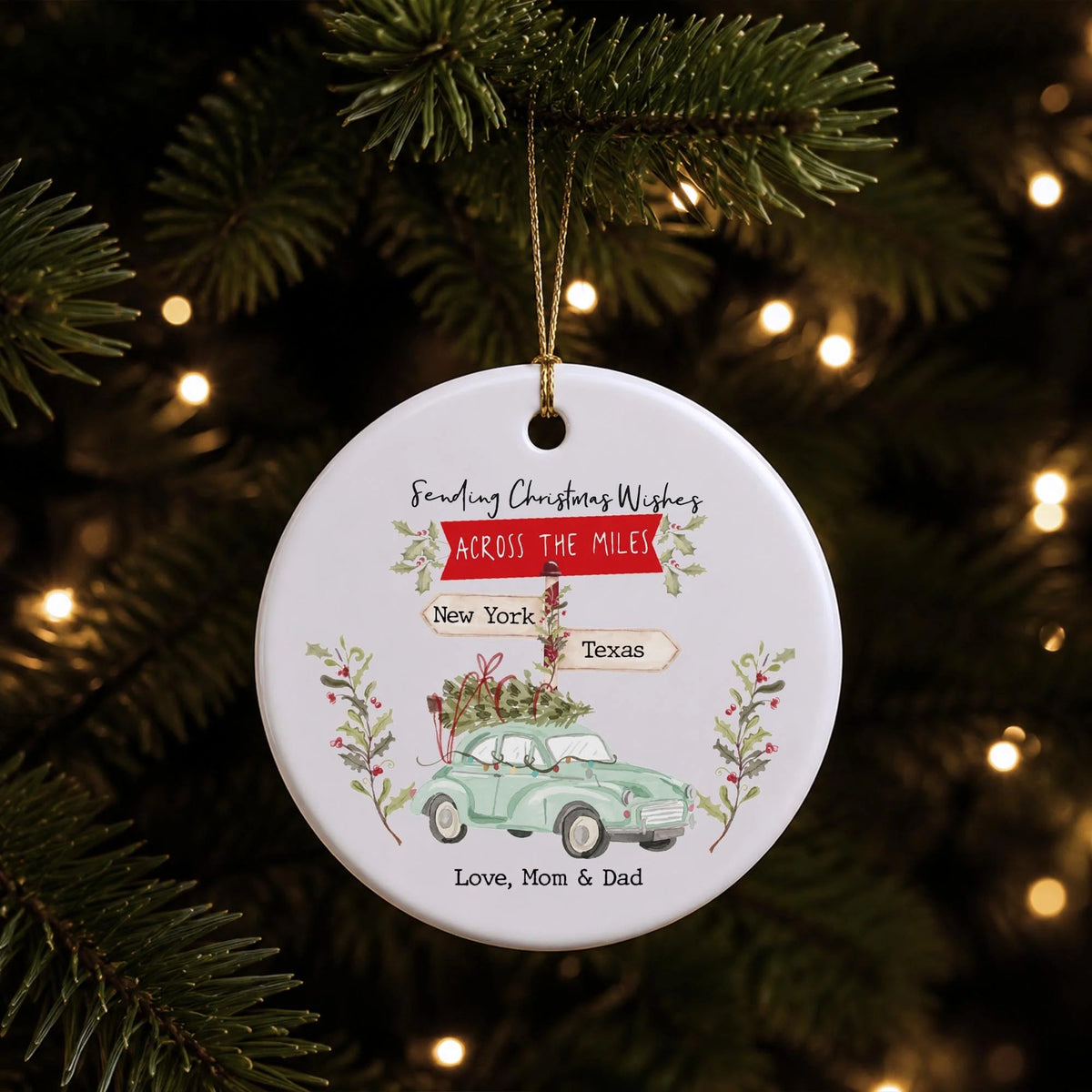 Personalized Christmas Wishes Across The Miles Ceramic Ornament